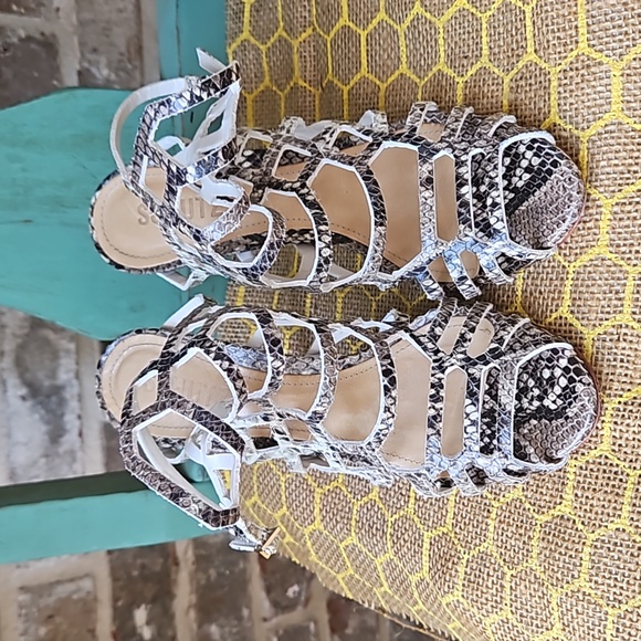 Schutz Julia Snakeskin Leather Caged Heel Sandals - Picture 2 of 5
